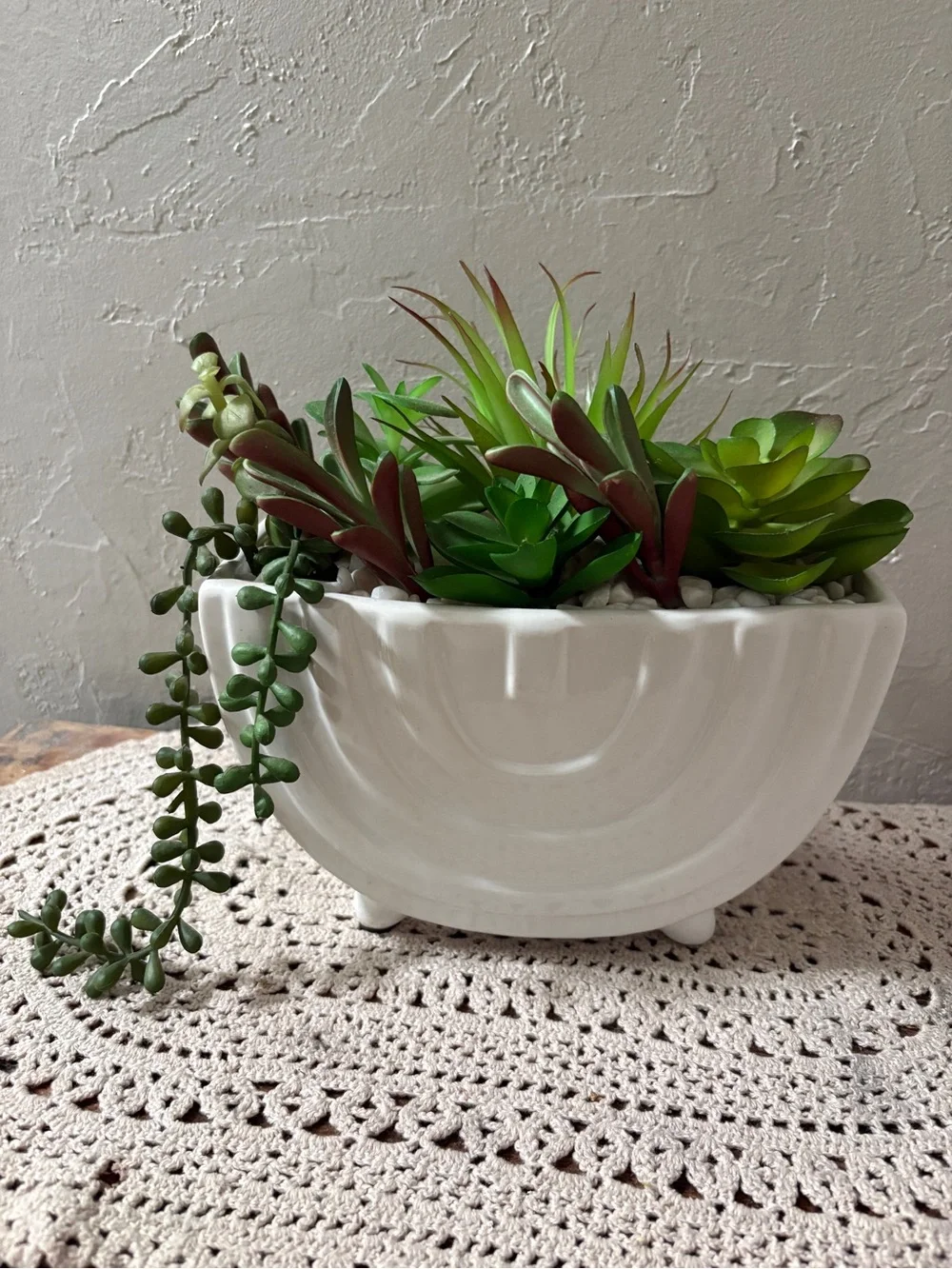 White Ceramic Succulent Planter with Green Faux Succulents